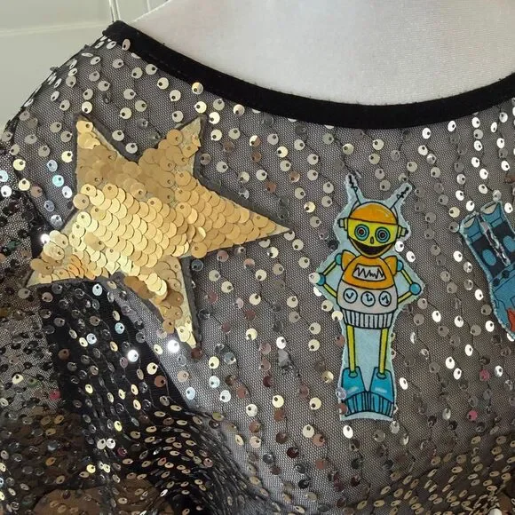Vintage Y2K Jacked Jill Sequins Overlay Robot Sheer Mesh Cropped Top Rave Sz M - Picture 3 of 8